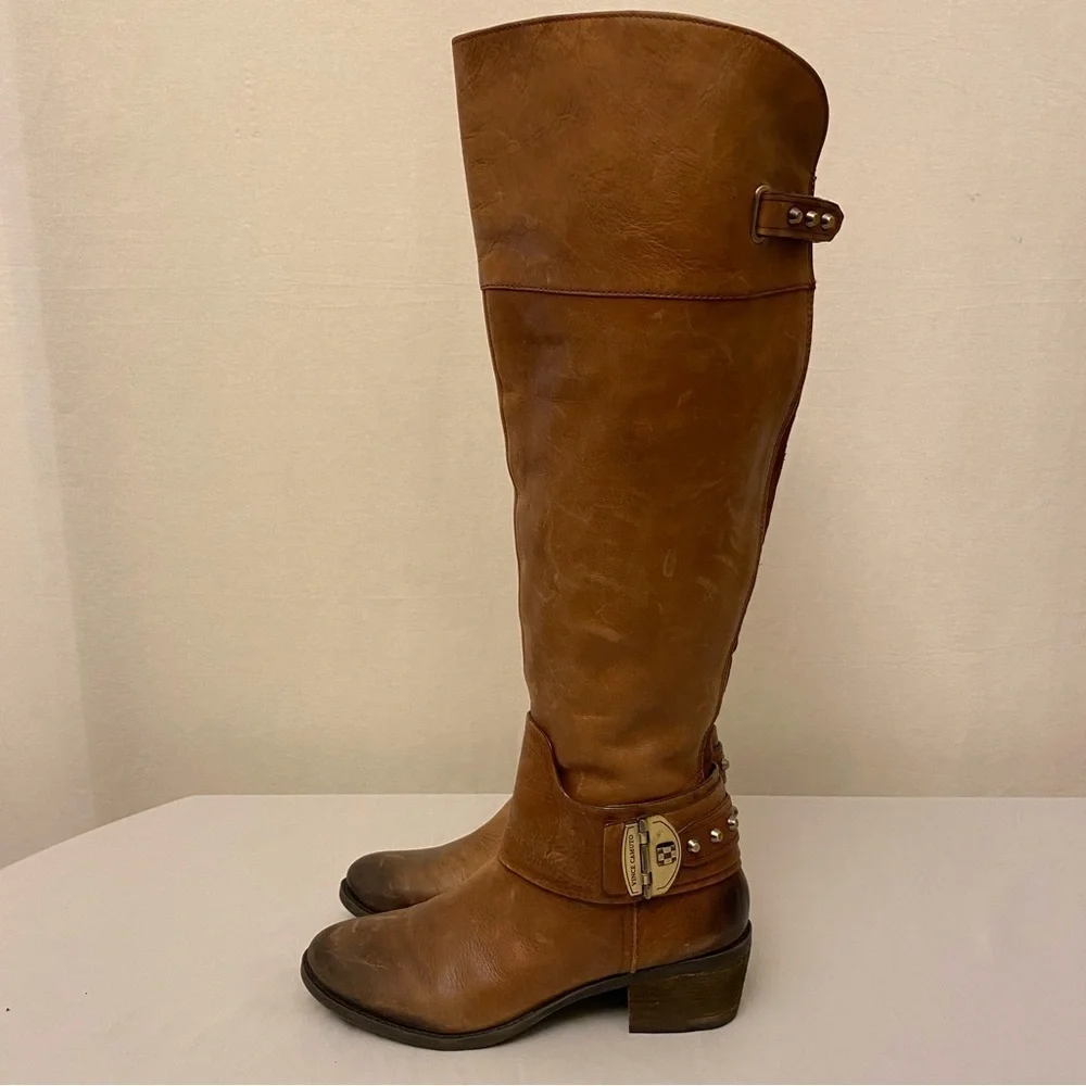 Vince Camuto 6.5 Leather Knee Boots Brown Harness Women’s Zippers Logo
